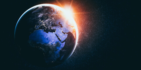 Wall Mural - Planet earth globe view from space showing realistic earth surface and world map as in outer space point of view . Elements of this image furnished by NASA planet earth from space photos.