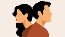 Unhappy Couple Having Conflict. Abstract Man And Woman Turned Away From Each Other. Concept Of Misunderstanding, Divorce, Suspicion. Modern Vector Illustration.