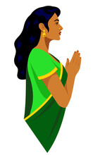 Beautiful Indian Woman In Traditional Clothes - Bright Green Sari. Female Portrait, Side View. Indian Woman In Traditional Clothing With Praying Hands. Modern Vector Illustration On White Background.
