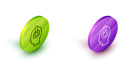 Poster - Isometric line Freelancer icon isolated on white background. Freelancer man working on laptop at his house. Online working, distant job concept. Green and purple circle buttons. Vector