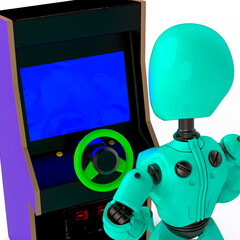 robot gir lwith a retro arcade videogame cabinet driving in white background close up view