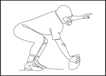 American Football Sport Game, Player Champion Man Playing In Offense Position With Ball .- Continuous One Line Drawing