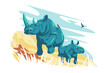 White rhinoceros wild animal vector illustration. Family of ceratotherium simum cottoni flat style. Greater one-horned rhinoceros in wild nature. Wildlife concept. Isolated on white background