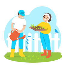 Man And A Woman Planted Plants. The Gardener Waters The Seedlings From A Watering Can Against The Background Of Nature. Care Of Plants And The Territory. Home Garden. Colorful Vector Illustration.
