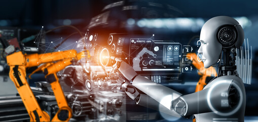 Poster - mechanized industry robot and robotic arms for assembly in factory production . concept of artificia