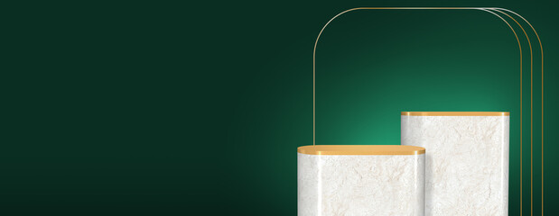 Aufkleber - Two cylinder marble product display stand podium with gold metal on top and golden bar on green wall background.Banner mockup space for display of product design for online advertise.3d rendering