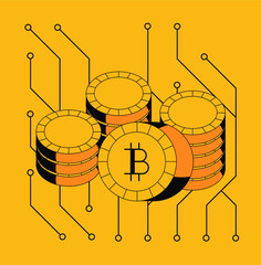 Poster - Bitcoin coins and electronic scheme in cartoon style.