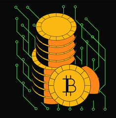 Poster - Bitcoin coins and electronic scheme in cartoon style.