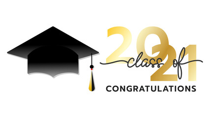 Class of 2021 handwriting with Graduation cap in congratulations isolated on white background, Vector illustration EPS 10