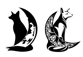 Wall Mural - sitting fox and crescent moon - magic nature and good night concept black and white vector design se