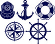 Set of Nautical Naval elements, Anchor, Ship steering Wheel, Retro Diving Helmet, Compass vector hand-drawn illustration