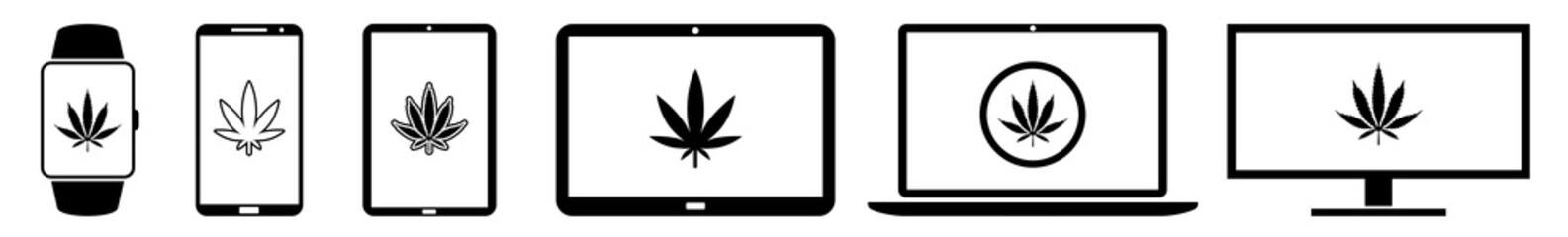 Poster - Display Cannabis, Leaf, Leaves, Hemp, Marijuana Icon Devices Set | Web Screen Device Online | Laptop Vector Illustration | Mobile Phone | PC Computer Smartphone Tablet Sign Isolated