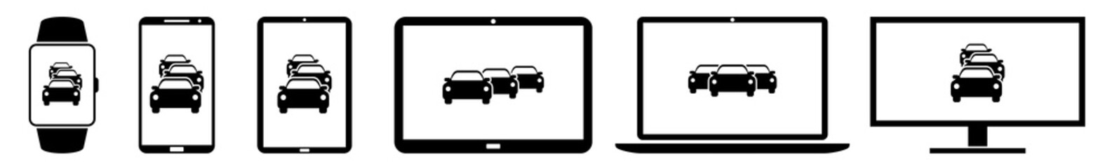 Poster - Display Car, Automobile, Automotive, Traffic, Rush, Hour, Jam Icon Devices Set | Web Screen Device Online | Laptop Vector Illustration | Mobile Phone | PC Computer Smartphone Tablet Sign Isolated