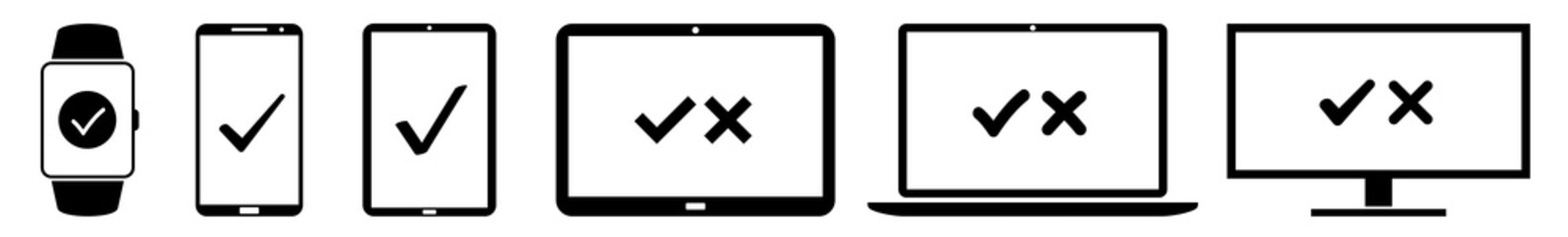 Poster - Display Check, Mark, Cross, Tick, Computer, Checkmark Icon Devices Set | Web Screen Device Online | Laptop Vector Illustration | Mobile Phone | PC Computer Smartphone Tablet Sign Isolated