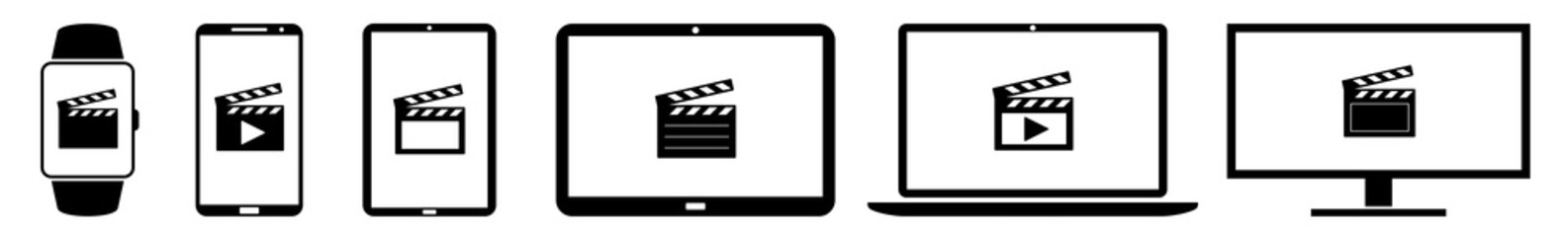 Poster - Display Clapper, Clapboard, Clapperboard, Clapper, Board, Icon Devices Set | Web Screen Clap, Cinema, Film, Video, Play Device Online | Laptop Vector Illustration | Mobile | PC Computer Sign Isolated