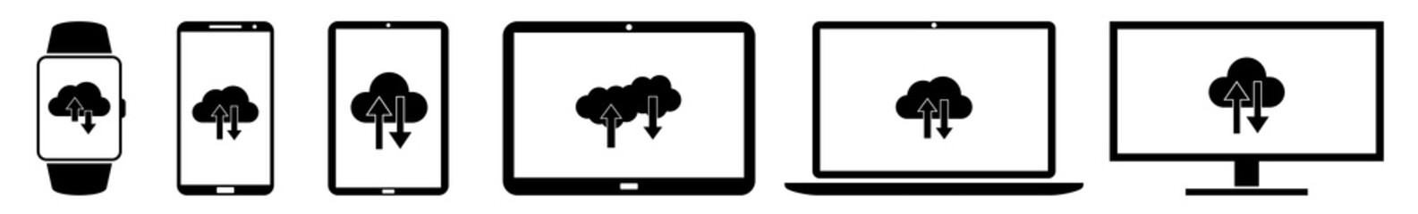 Wall Mural - display cloud, upload, download, up, down, server icon devices set | web screen storage, web, intern