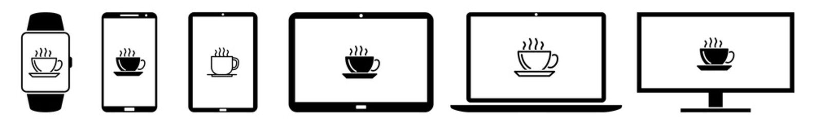 Poster - Display Coffee, Tea, Break, Cup, Mug Icon Devices Set | Web Screen Device Online | Laptop Vector Illustration | Mobile Phone | PC Computer Smartphone Tablet Sign Isolated
