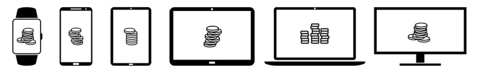 Poster - Display Coins, Money, Cash, Rich, Crypto, Currency, Banking Icon Devices Set | Web Screen Device Online | Laptop Vector Illustration | Mobile Phone | PC Computer Tablet Sign Isolated