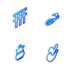 Sticker - Set Isometric line Churros and chocolate, Aqueduct of Segovia, Sangria pitcher and Spanish wineskin icon. Vector