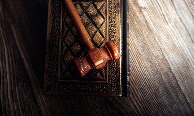 Business and lawyers discussing contract papers with brass scale on desk in office. Law, legal services, advice, justice and law concept picture with film grain effect