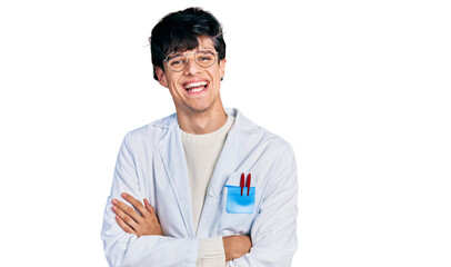 Poster - Handsome hipster young man with crossed arms wearing doctor uniform smiling and laughing hard out loud because funny crazy joke.