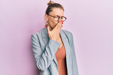 Sticker - Beautiful caucasian woman wearing business jacket and glasses bored yawning tired covering mouth with hand. restless and sleepiness.