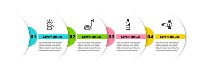 Sticker - Set line Bicycle bell, pedal, Sport bottle with water and chain gear. Business infographic template. Vector