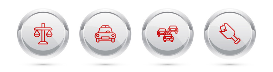 Sticker - Set line Scales of justice, Police car and flasher, Traffic jam and Broken bottle weapon. Silver circle button. Vector