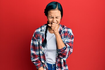 Wall Mural - Beautiful hispanic woman wearing casual clothes feeling unwell and coughing as symptom for cold or bronchitis. health care concept.