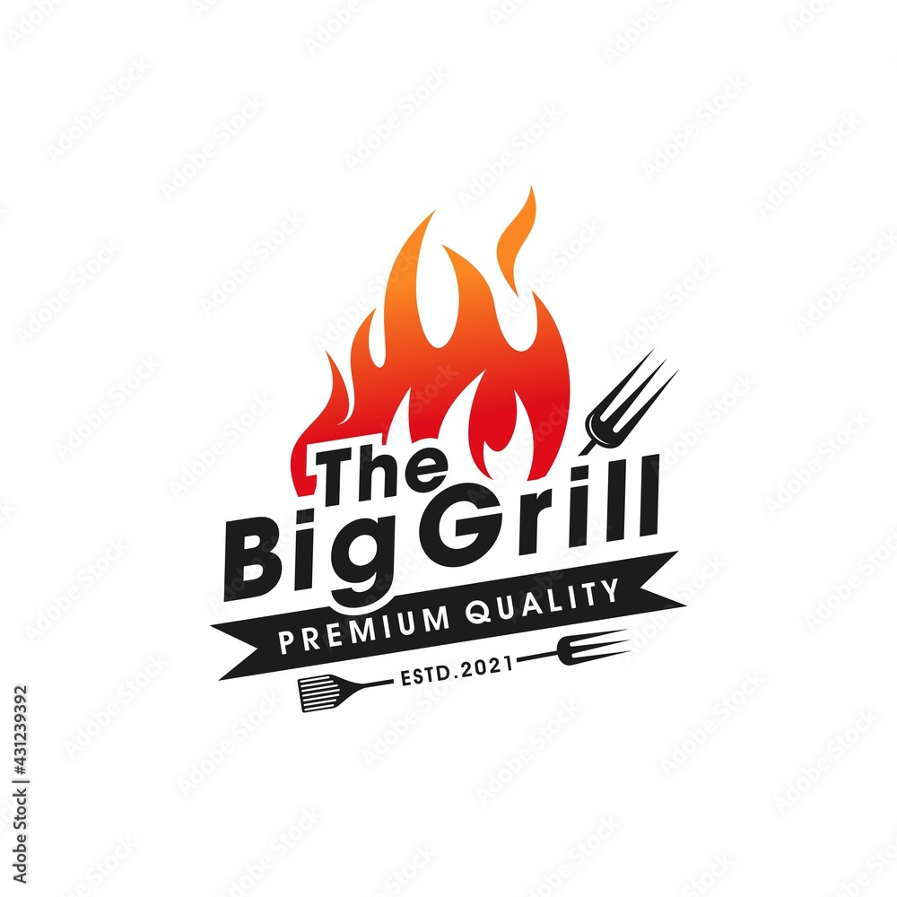 Vintage Grills barbecue with fork and fire flame logo design vector ...
