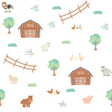 Cute Brown Barn, Green Trees, Fence, Farm Cartoon Animals Seamless Pattern On White Background. Vector Illustration In Flat Style. Sheep, Ram, Cow, Chicken, Rooster, Goat, Pig, Horse, Goose, Duck
