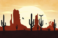 Desert Valley With Crows And Cactus