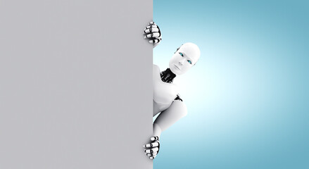 Poster - 3d render humanoid robot show up from the wall . ai artificial intelligence illustration .
