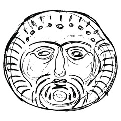 Celtic mask. Face of god Belenus. bearded male portrait. Hand drawn linear doodle rough sketch. Black silhouette on white background.