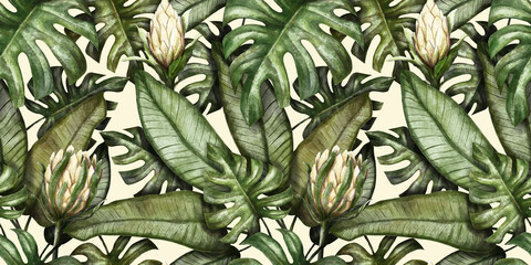 Seamless tropical pattern. Exotic background with palm leaves, monstera, colocasia, banana leaves. Vintage watercolor illustration. Suitable for fabric design, wrapping paper, wallpaper