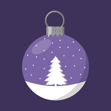 Decorated Christmas Ball. Isolated Purple Bauble With Christmas Tree And Snow. Christmas Tree Decoration. Flat Vector Illustration.
