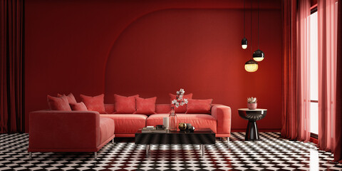 Wall Mural - Modern classic style interior with red wall,sofa,table and lamp.Mock up.3d rendering