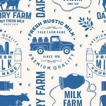 Milk Farm Seamless Pattern Or Background. Vector Seamless Dairy Farm Pattern With Cow, Goat, Milk Can Silhouette. Texture For Dairy And Milk Farm Business - Shop, Market, Packaging And Menu