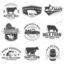 American Farm Badge Or Label. Vector. Vintage Typography Design With Chicken, Pig, Cow And Farm House Silhouette. Elements On The Theme Of The Milk, Pork And Chicken Farm Business.