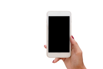 Woman hand holding white mobile phone with black screen on white background.