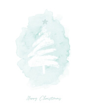 Merry Christmas. Watercolor Painting With White Christmas Tree And Mint Green Stain On A White Background. Lovely Print Ideal For Card, Wall Art, Greetings. Lovely Pastel Color WInter Holidays Art.