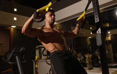 Wall Mural - Strength and concentration. Young handsome muscular man exercising at gym. TRX.