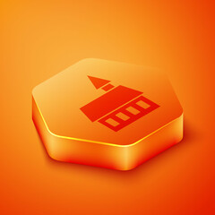 Wall Mural - Isometric Castle icon isolated on orange background. Orange hexagon button. Vector