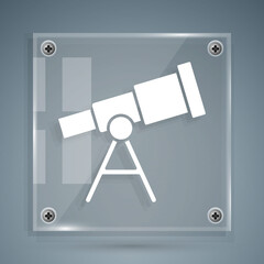 Poster - White Telescope icon isolated on grey background. Scientific tool. Education and astronomy element, spyglass and study stars. Square glass panels. Vector
