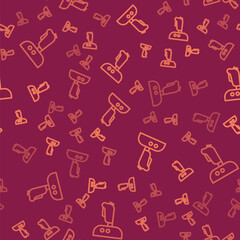 Poster - Brown line Joystick for arcade machine icon isolated seamless pattern on red background. Joystick gamepad. Vector Illustration