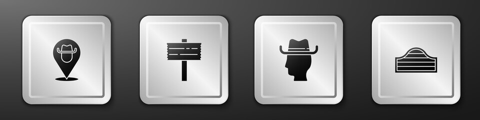 Poster - Set Location cowboy, Road traffic signpost, Cowboy and Saloon door icon. Silver square button. Vector