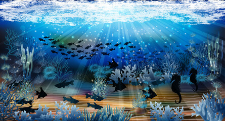 Underwater background with fish, vector illustration