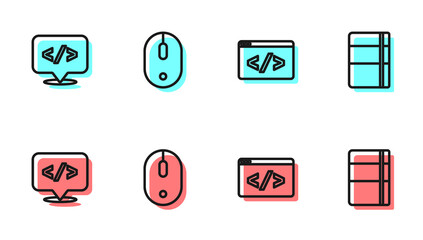 Set line Front end development, , Computer mouse and Sketchbook or album icon. Vector