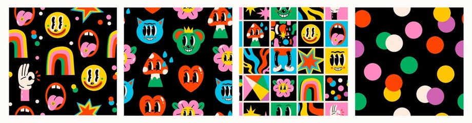 Aufkleber - Hand drawn Abstract faces, hearts, mushroom, flower, funny cute Comic characters. Hand drawn Vector illustartions. Cartoon style. Flat design. Set of Square Seamless Patterns. Backgrounds, wallpapers