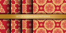 Set Of Red Christmas Seamless Pattern With Ornament. Good For Clothing, Textiles, Backgrounds And Prints. Vector Illustration.